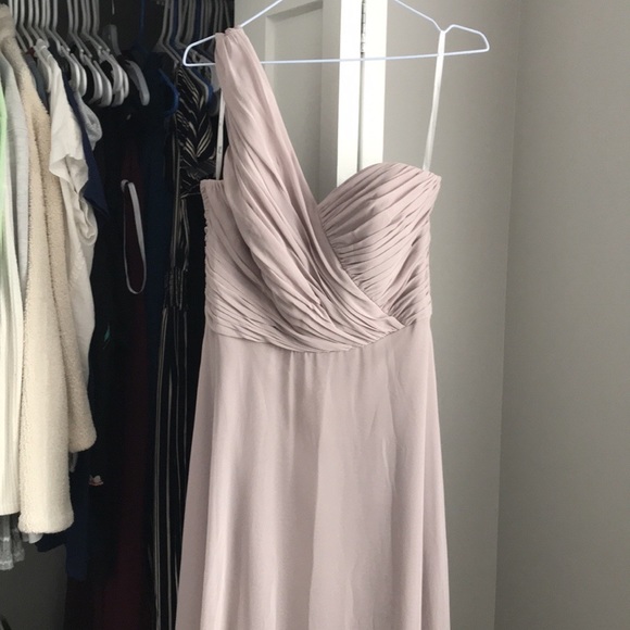 Dessy Dani One-Shoulder Taupe Chiffon Dress - Picture 4 of 7